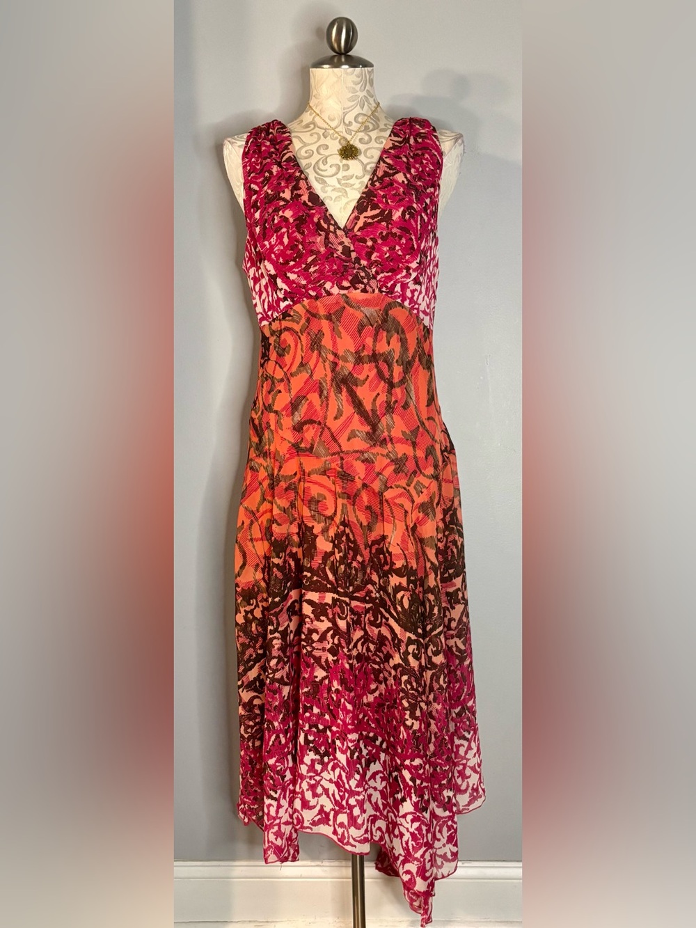 🆕 Rabbit Rabbit Rabbit V-Neck Pink and Orange Printed Maxi Dress Size 16